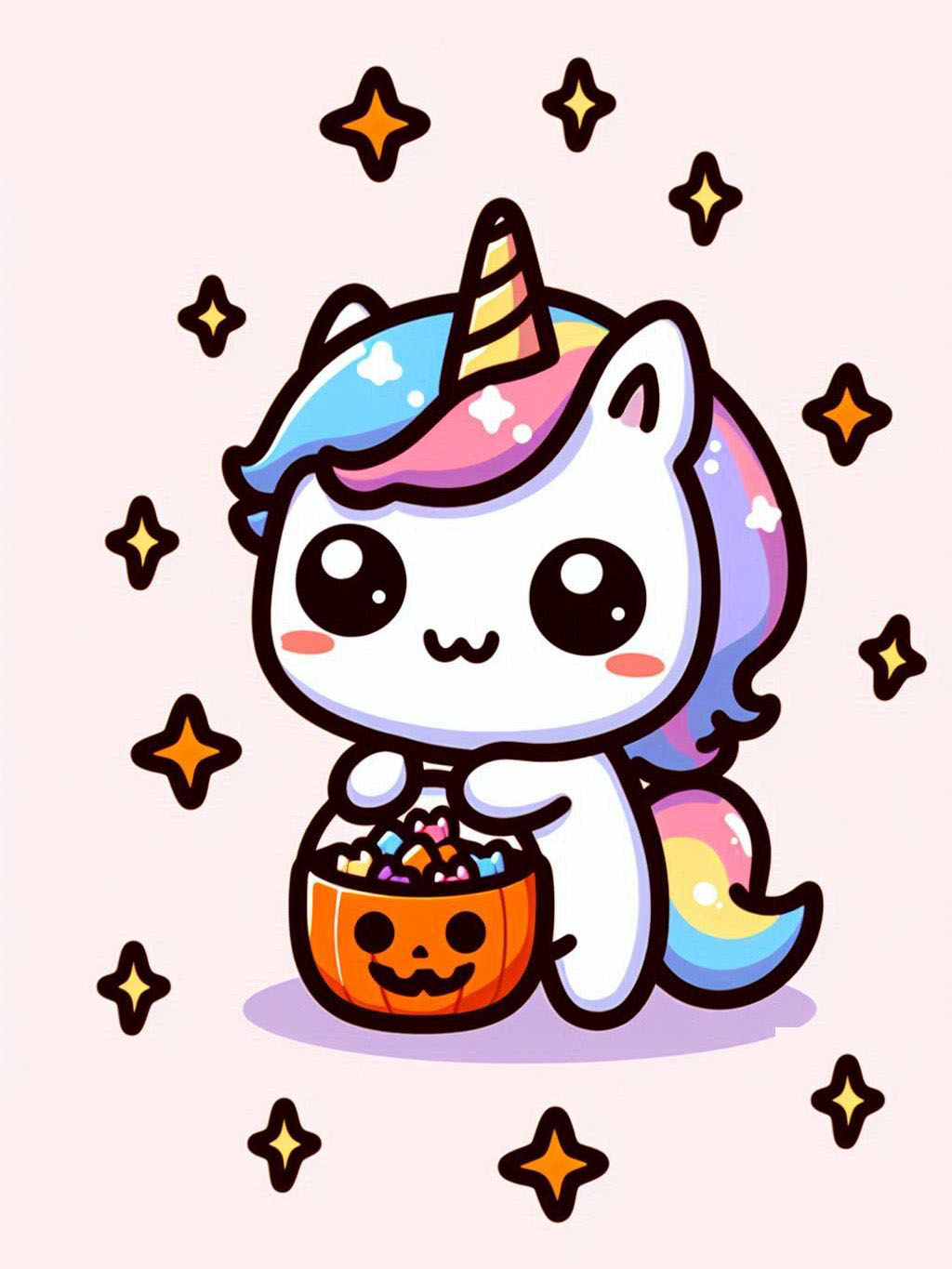 halloween unicorn illustration ideas featuring a cute unicorn with a colorful mane holding a pumpkin candy bucket, surrounded by twinkling stars.